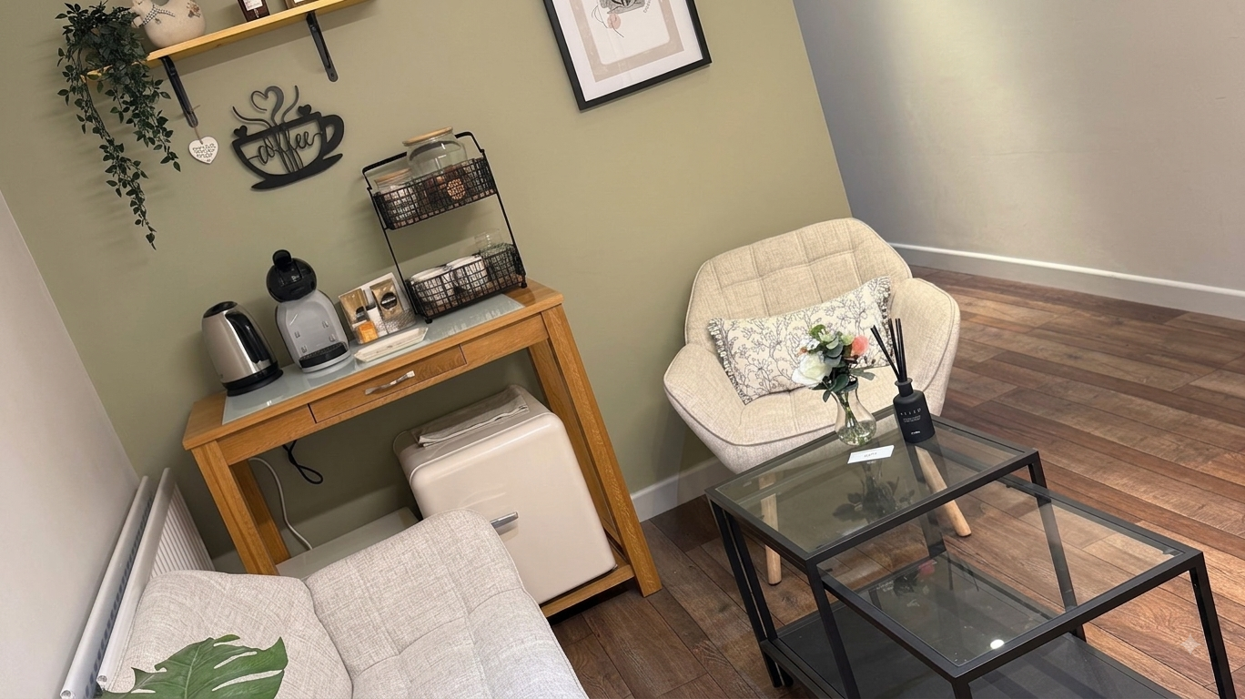 Waiting area and coffee nook at Dewie Skin, 11 Beam Street, Nantwich